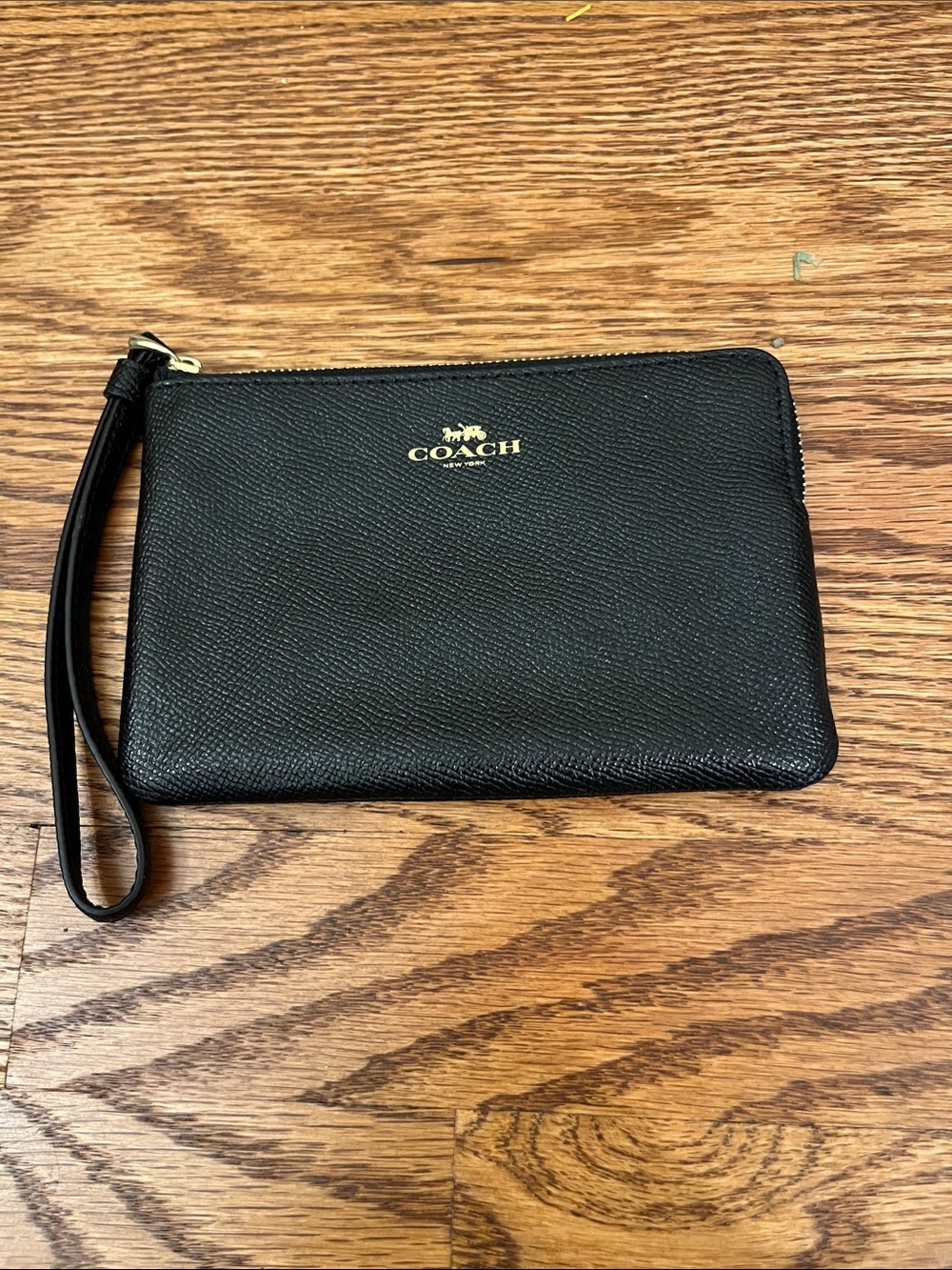 Coach Black Leather Wristlet with Gold Coach Emblem